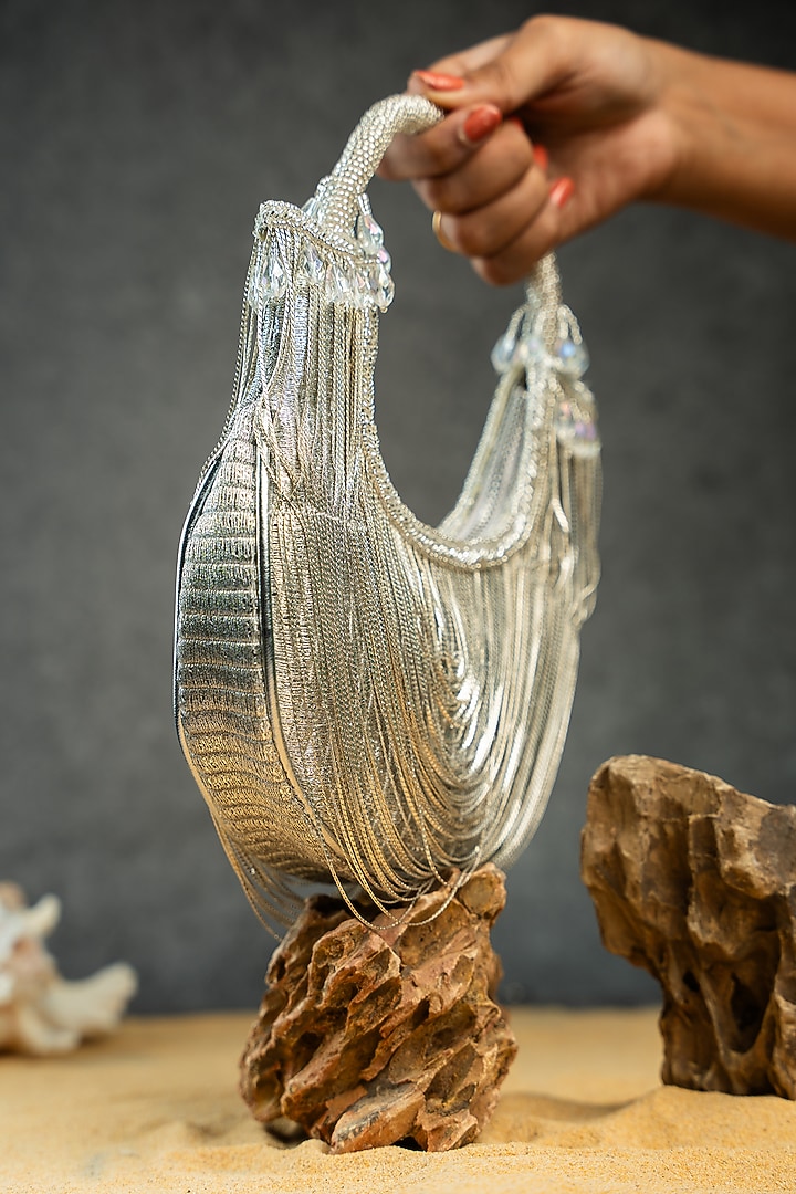 Silver Metallic Chain Boat-Shaped Bag by Nayaab by Sonia at Pernia's Pop Up Shop