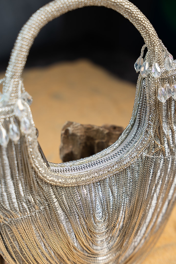 Silver Metallic Chain Boat-Shaped Bag by Nayaab by Sonia at Pernia's Pop Up Shop