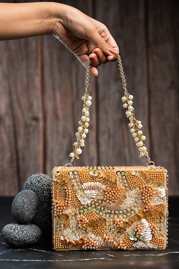 Gold Rustic Bead & Sequin Box Clutch by Nayaab by Sonia at Pernia's Pop Up Shop