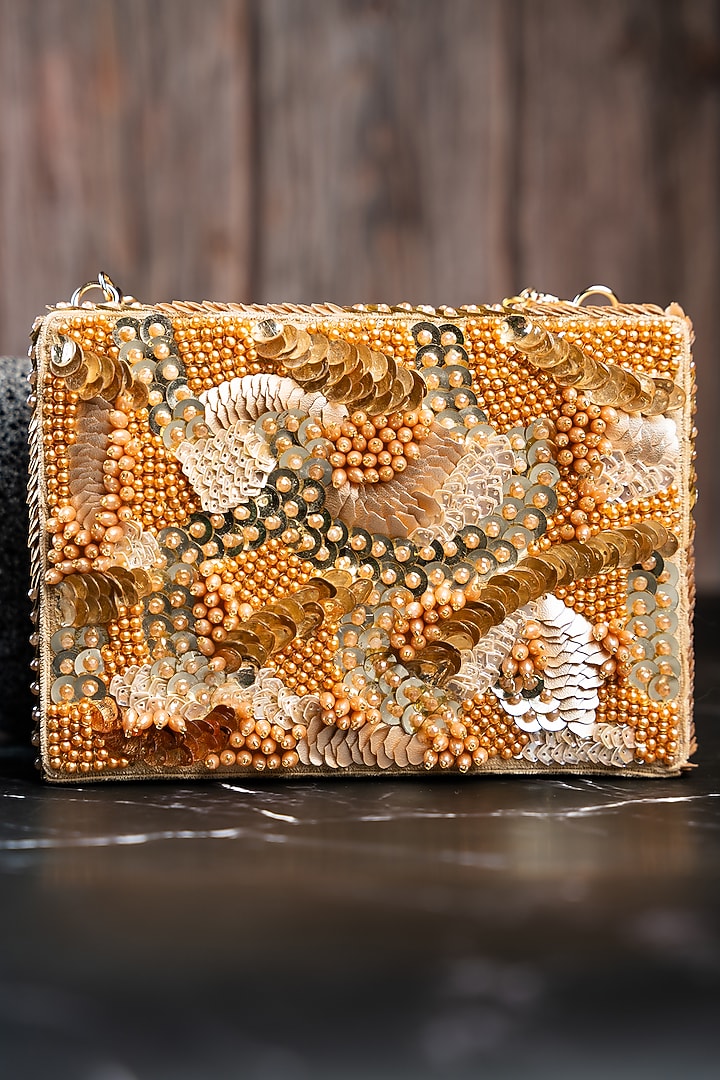 Gold Rustic Bead & Sequin Box Clutch by Nayaab by Sonia at Pernia's Pop Up Shop