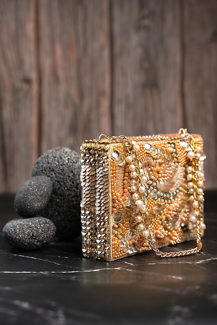 Gold Rustic Bead & Sequin Box Clutch by Nayaab by Sonia at Pernia's Pop Up Shop