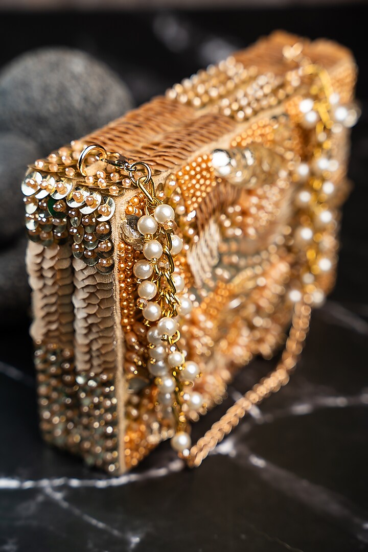 Gold Rustic Bead & Sequin Box Clutch by Nayaab by Sonia at Pernia's Pop Up Shop
