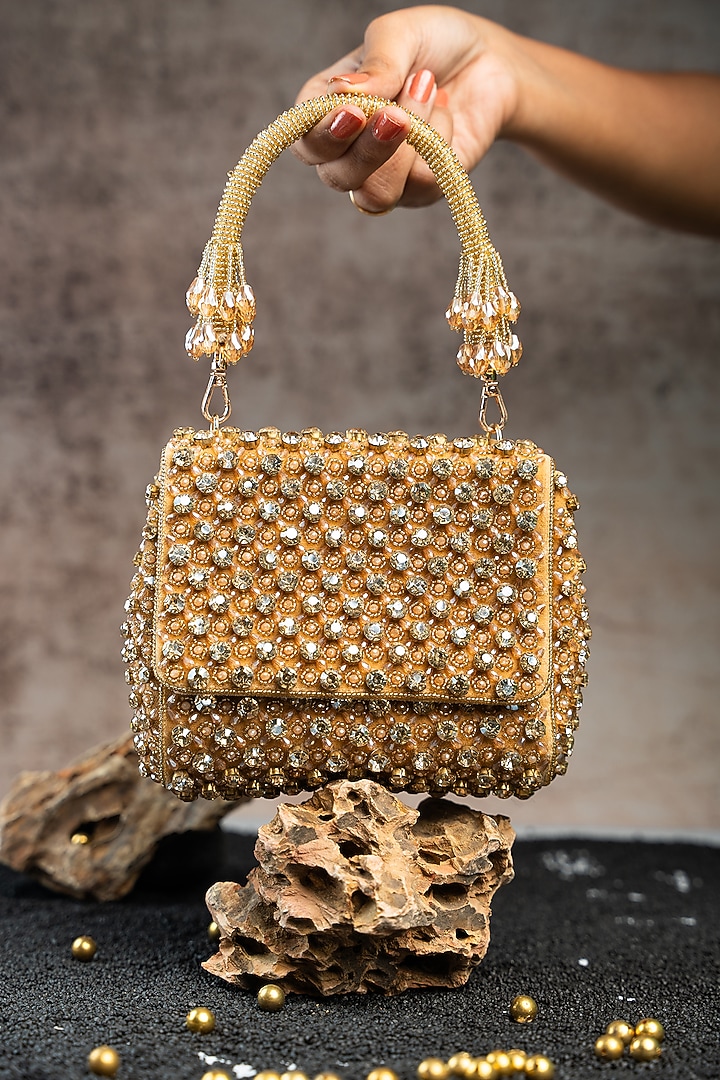 Gold Silk Crystal & Bead Embroidered Mini Bag by Nayaab by Sonia at Pernia's Pop Up Shop