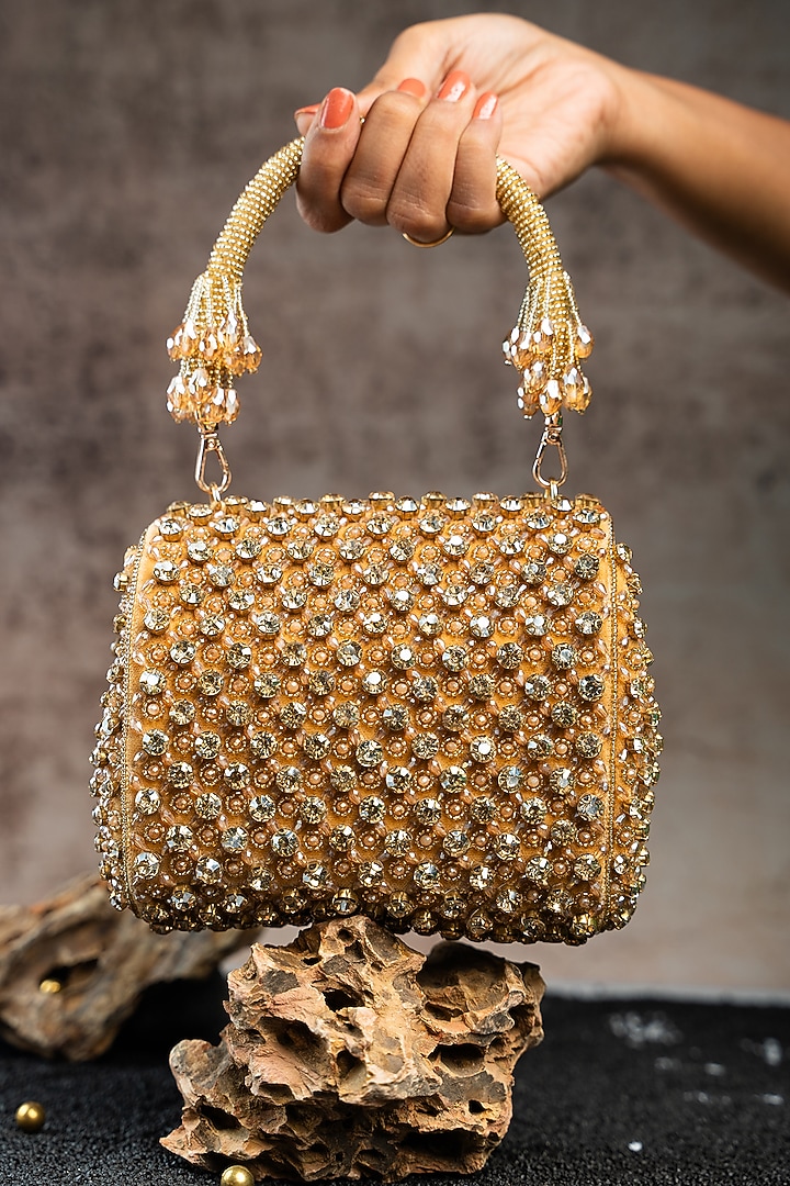 Gold Silk Crystal & Bead Embroidered Mini Bag by Nayaab by Sonia at Pernia's Pop Up Shop