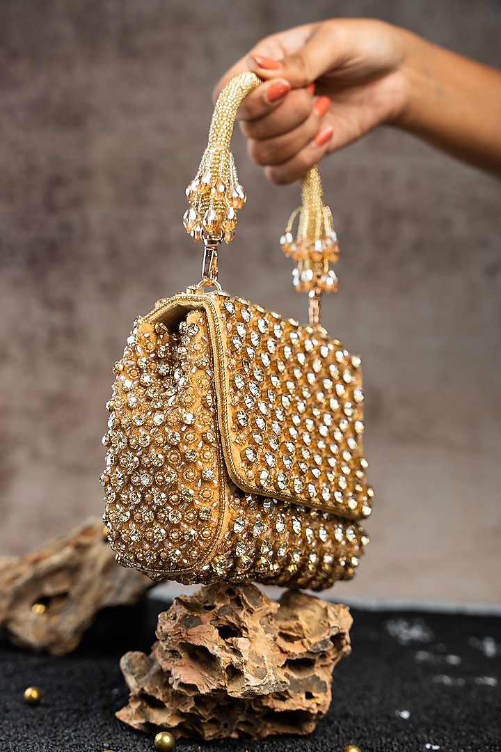 Gold Silk Crystal & Bead Embroidered Mini Bag by Nayaab by Sonia at Pernia's Pop Up Shop