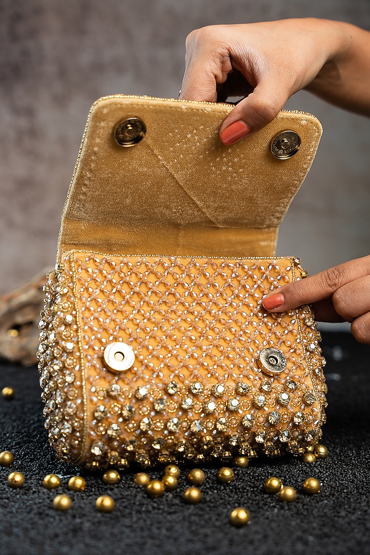 Gold Silk Crystal & Bead Embroidered Mini Bag by Nayaab by Sonia at Pernia's Pop Up Shop