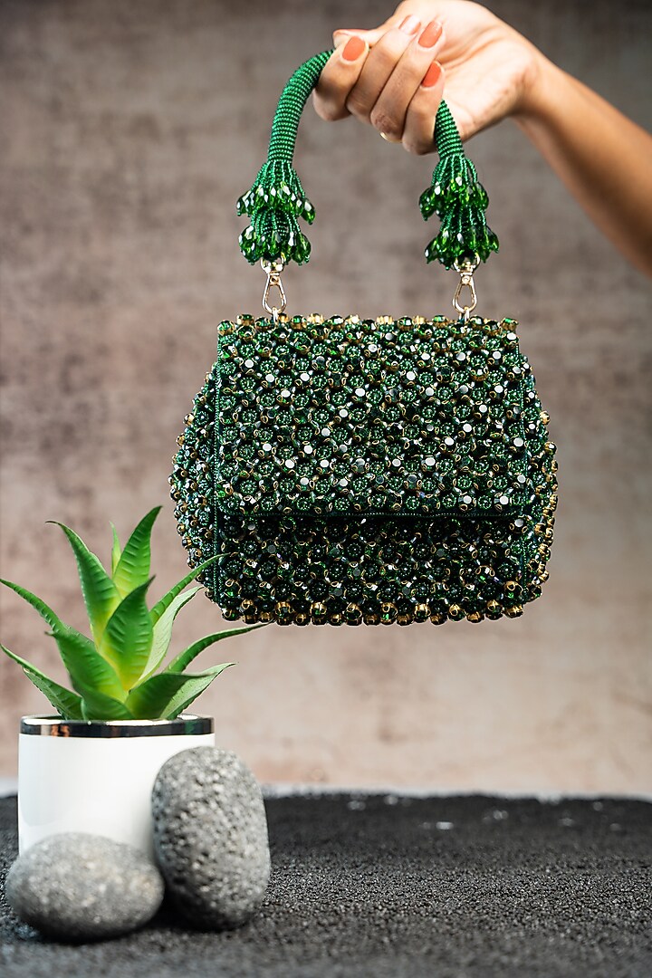 Emerald Green Silk Crystal & Bead Embroidered Mini Bag by Nayaab by Sonia at Pernia's Pop Up Shop