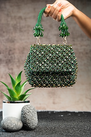 Emerald Green Silk Crystal & Bead Embroidered Mini Bag by Nayaab by Sonia