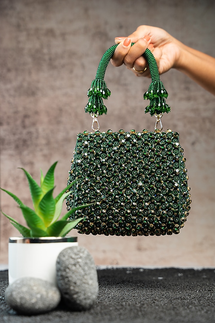 Emerald Green Silk Crystal & Bead Embroidered Mini Bag by Nayaab by Sonia at Pernia's Pop Up Shop
