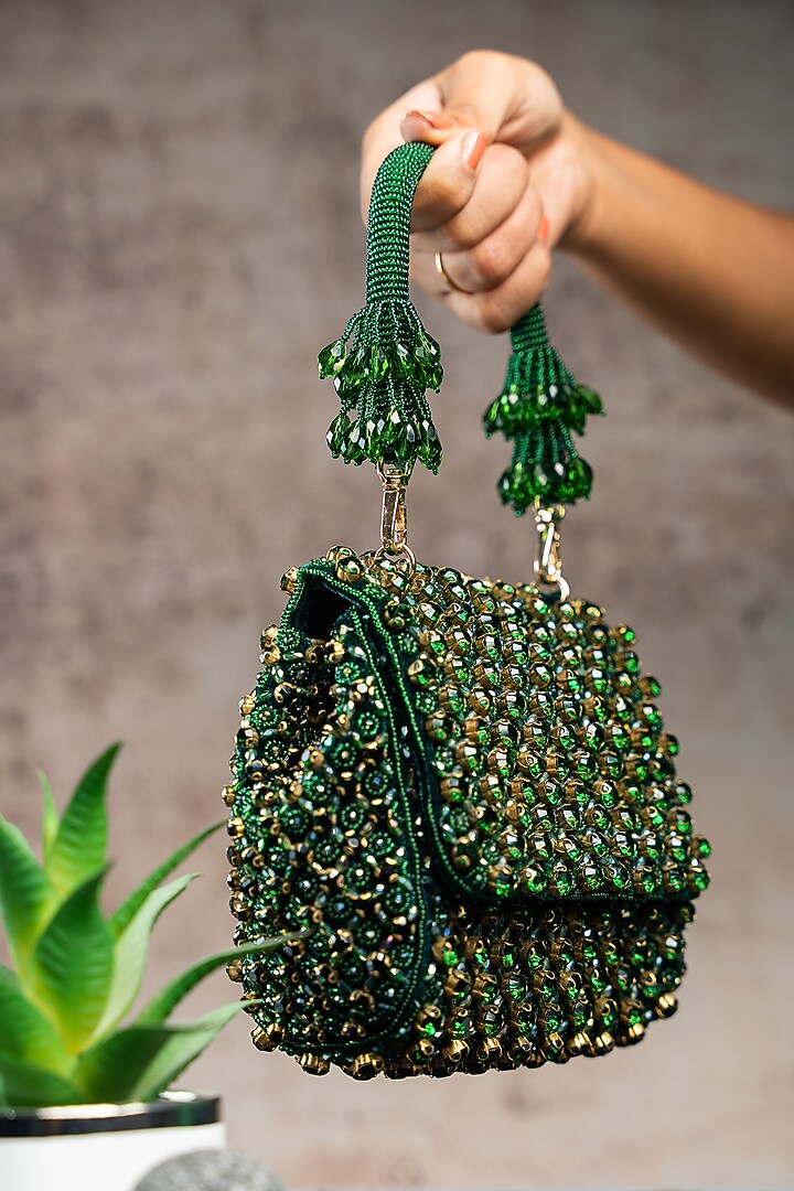 Emerald Green Silk Crystal & Bead Embroidered Mini Bag by Nayaab by Sonia at Pernia's Pop Up Shop