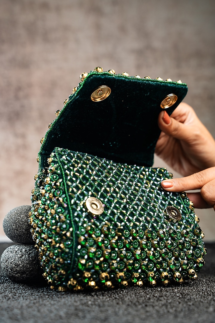 Emerald Green Silk Crystal & Bead Embroidered Mini Bag by Nayaab by Sonia at Pernia's Pop Up Shop