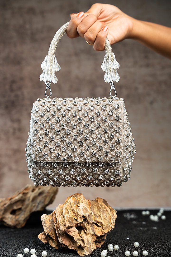 Silver Silk Crystal & Bead Embroidered Mini Bag by Nayaab by Sonia at Pernia's Pop Up Shop
