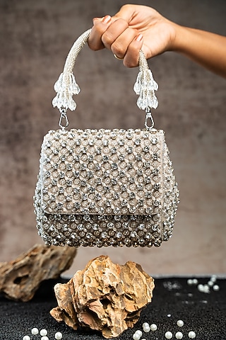 Silver Silk Crystal & Bead Embroidered Mini Bag by Nayaab by Sonia