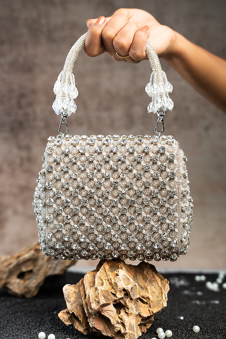 Silver Silk Crystal & Bead Embroidered Mini Bag by Nayaab by Sonia at Pernia's Pop Up Shop
