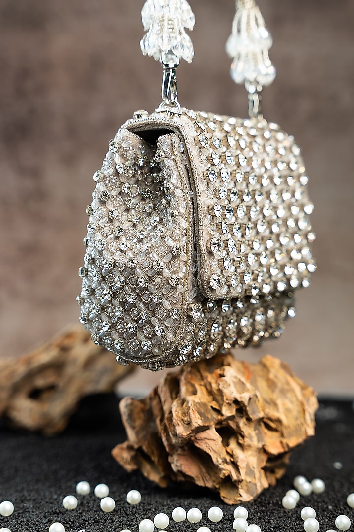 Silver Silk Crystal & Bead Embroidered Mini Bag by Nayaab by Sonia at Pernia's Pop Up Shop
