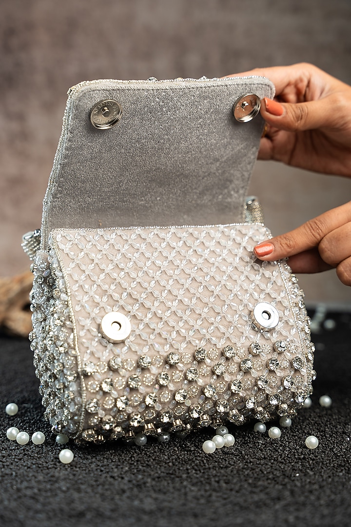 Silver Silk Crystal & Bead Embroidered Mini Bag by Nayaab by Sonia at Pernia's Pop Up Shop