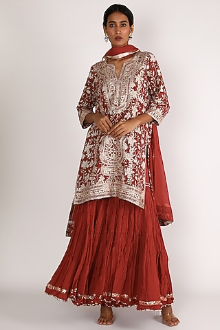 Red Embroidered Gharara Set by Nazar By Indu