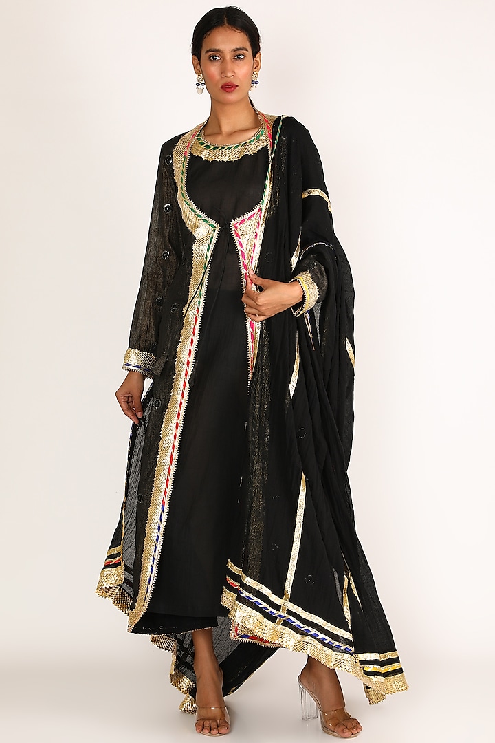 Black Embroidered Angrakha Anarkali Set Design by Nazar By Indu at ...