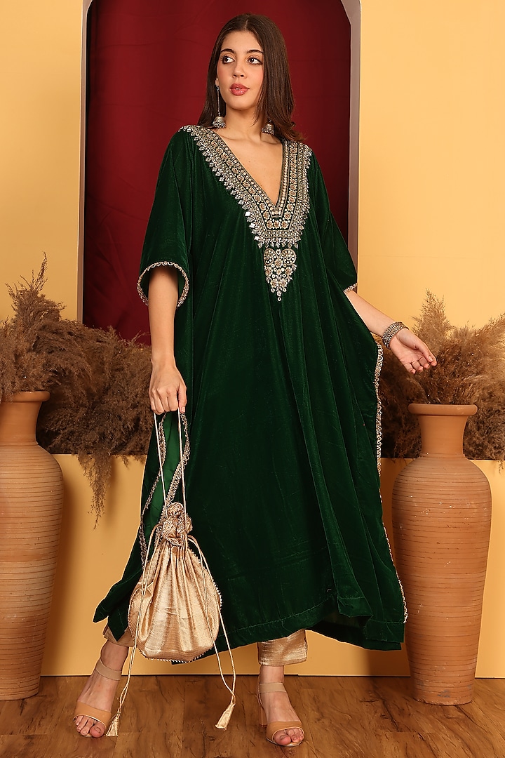 Olive Green Velvet Mirror & Zari Embroidered Kaftan Set by Nazar By Indu