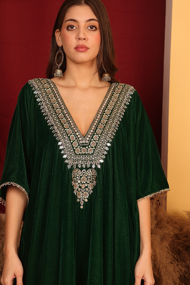 Olive Green Velvet Mirror & Zari Embroidered Kaftan Set by Nazar By Indu at Pernia's Pop Up Shop