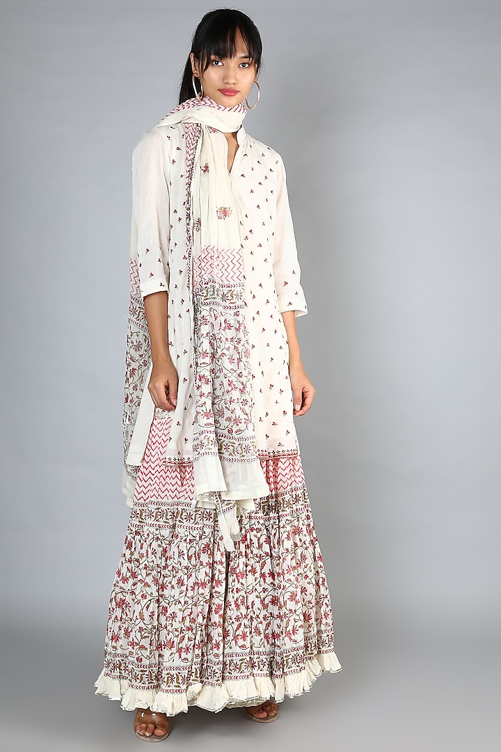 White Block Printed & Embroidered Gharara Set by Nazar By Indu