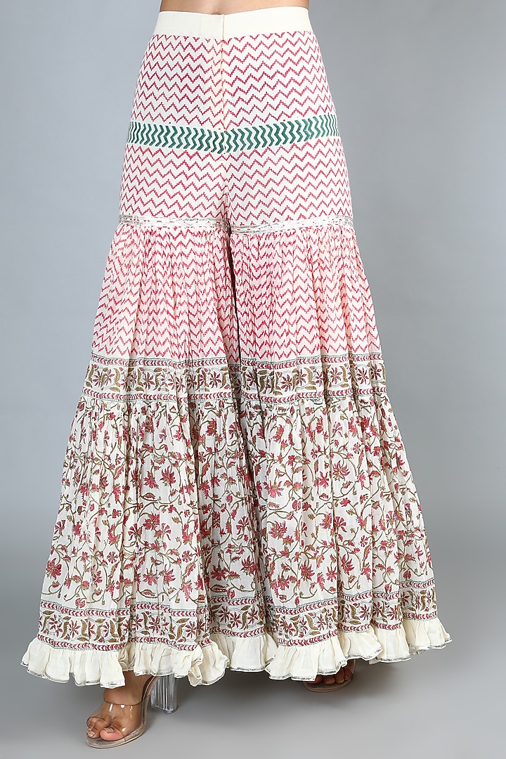 White Block Printed & Embroidered Gharara Set by Nazar By Indu at Pernia's Pop Up Shop