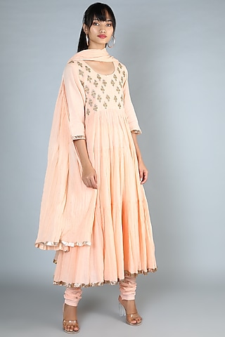 Peach Embroidered Long Kurta Set by Nazar By Indu