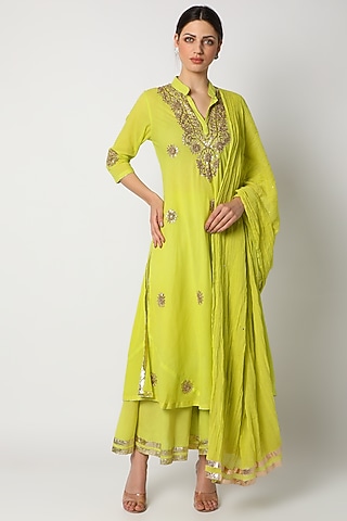 Lime Green Kundan Sharara Set by Nazar By Indu