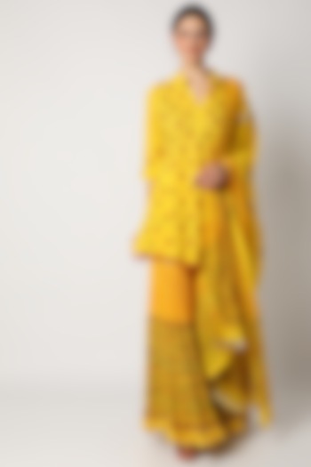 Yellow Printed & Embroidered Gharara Set  by Nazar By Indu