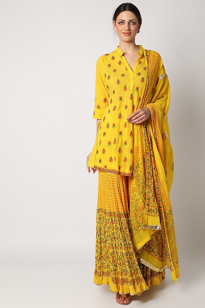 Yellow Printed & Embroidered Gharara Set  by Nazar By Indu