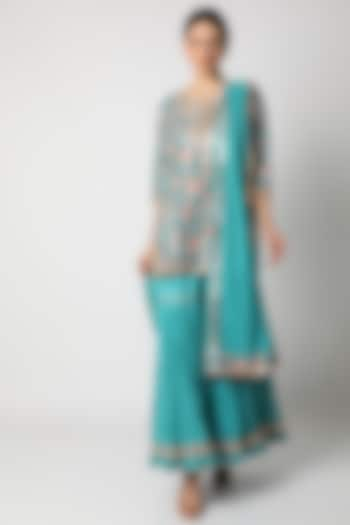 Turquoise Printed Gharara Set by Nazar By Indu at Pernia's Pop Up Shop