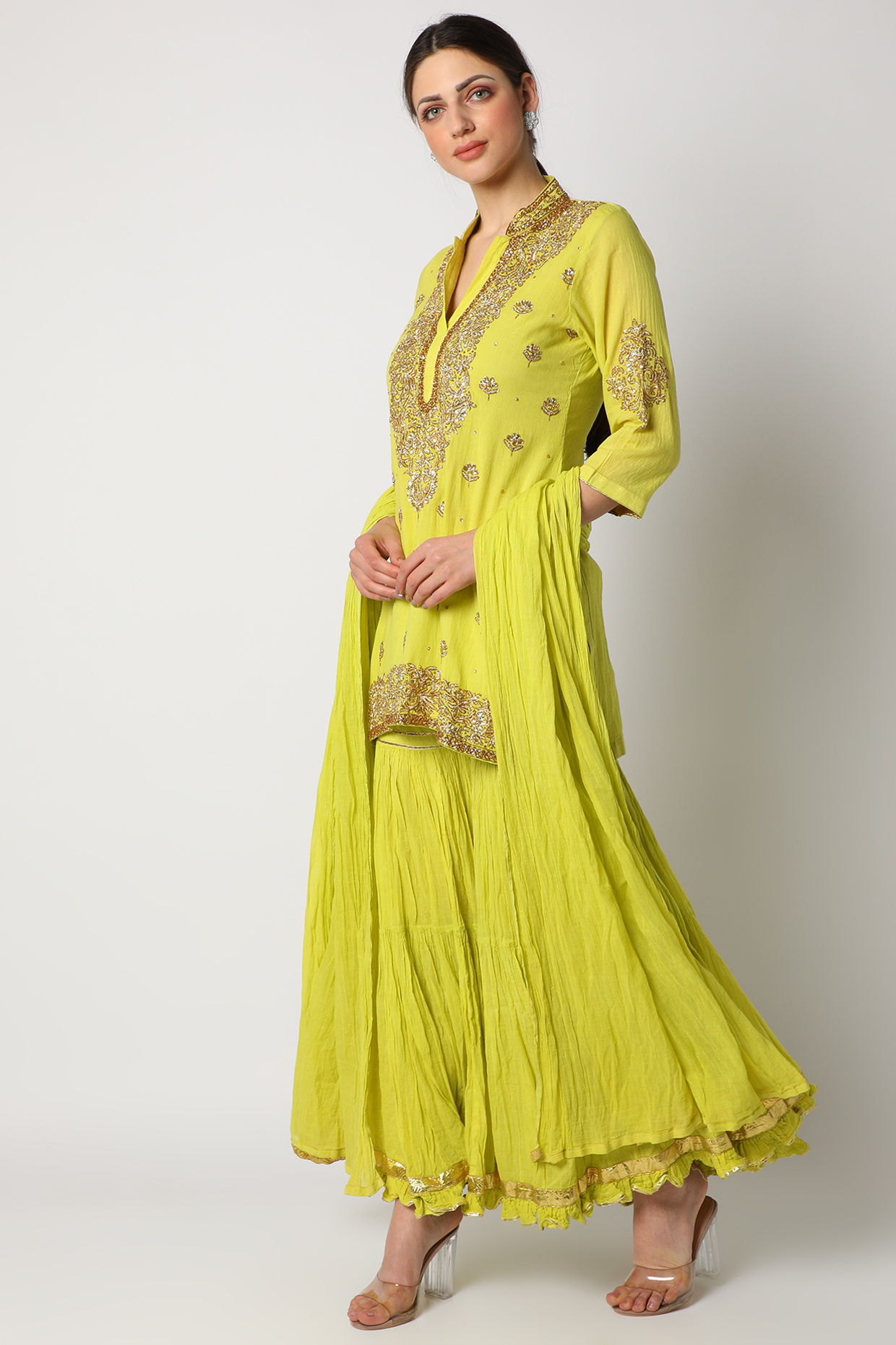 Lime Green Gharara Set With Kundan Work by Nazar By Indu