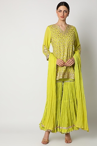 Lime Green Gharara Set With Aari Work by Nazar By Indu
