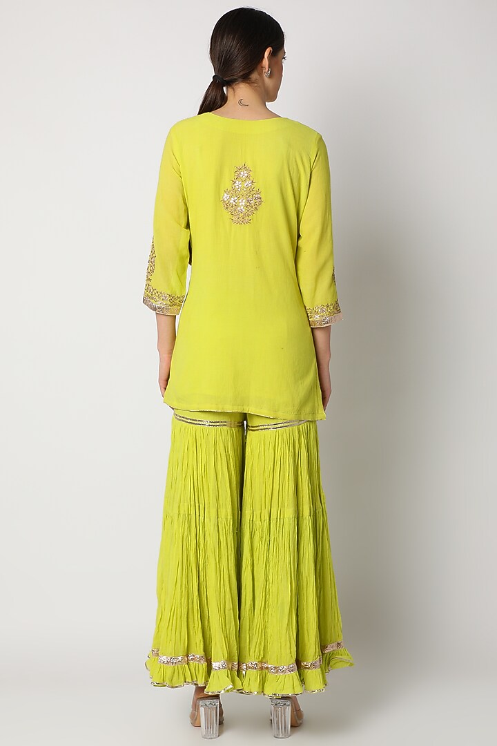 Lime Green Gharara Set With Aari Work by Nazar By Indu at Pernia's Pop Up Shop