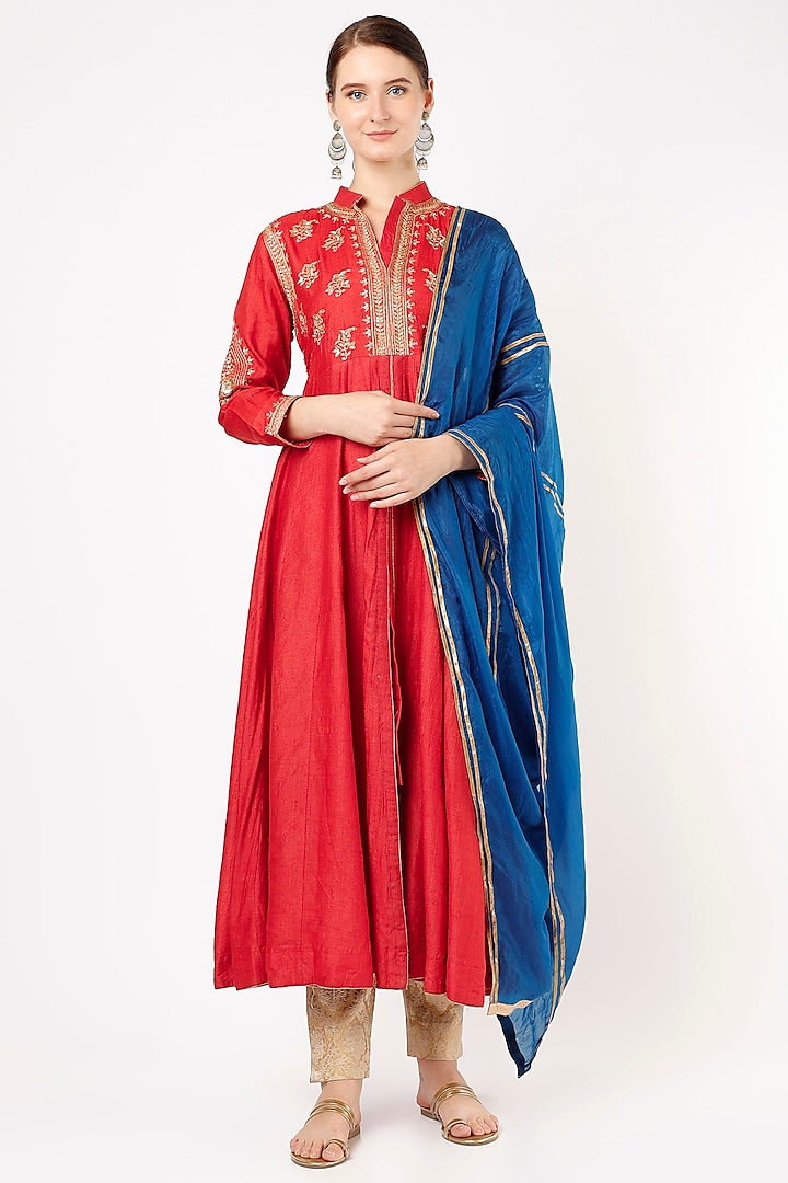 Red Hand-Embroidered Anarkali Set by Nazar By Indu