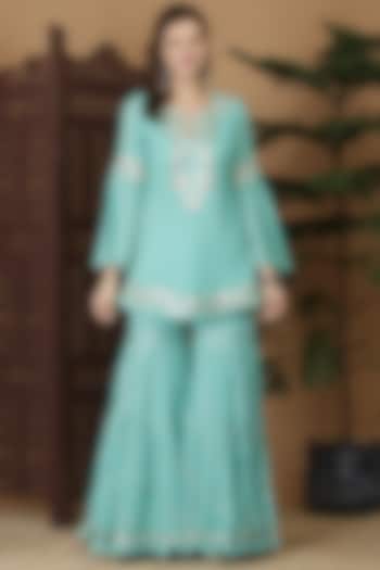 Turquoise Gota Patti Embroidered Short Kurta Set by Nazar By Indu