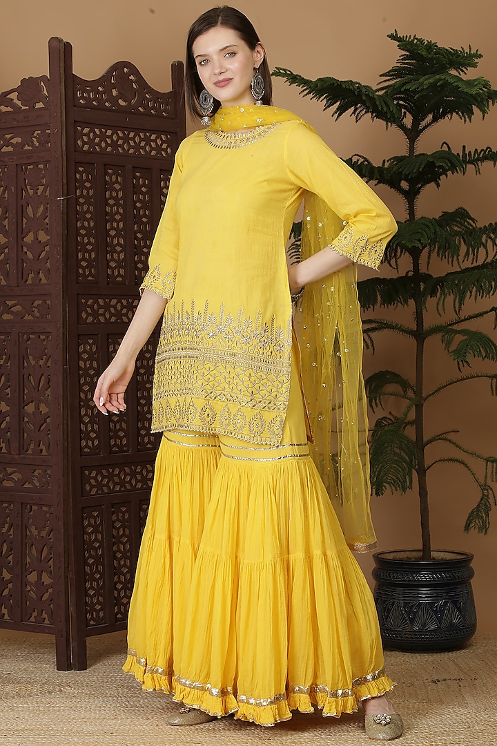 Bright Yellow Cotton Voile Gharara Set by Nazar By Indu