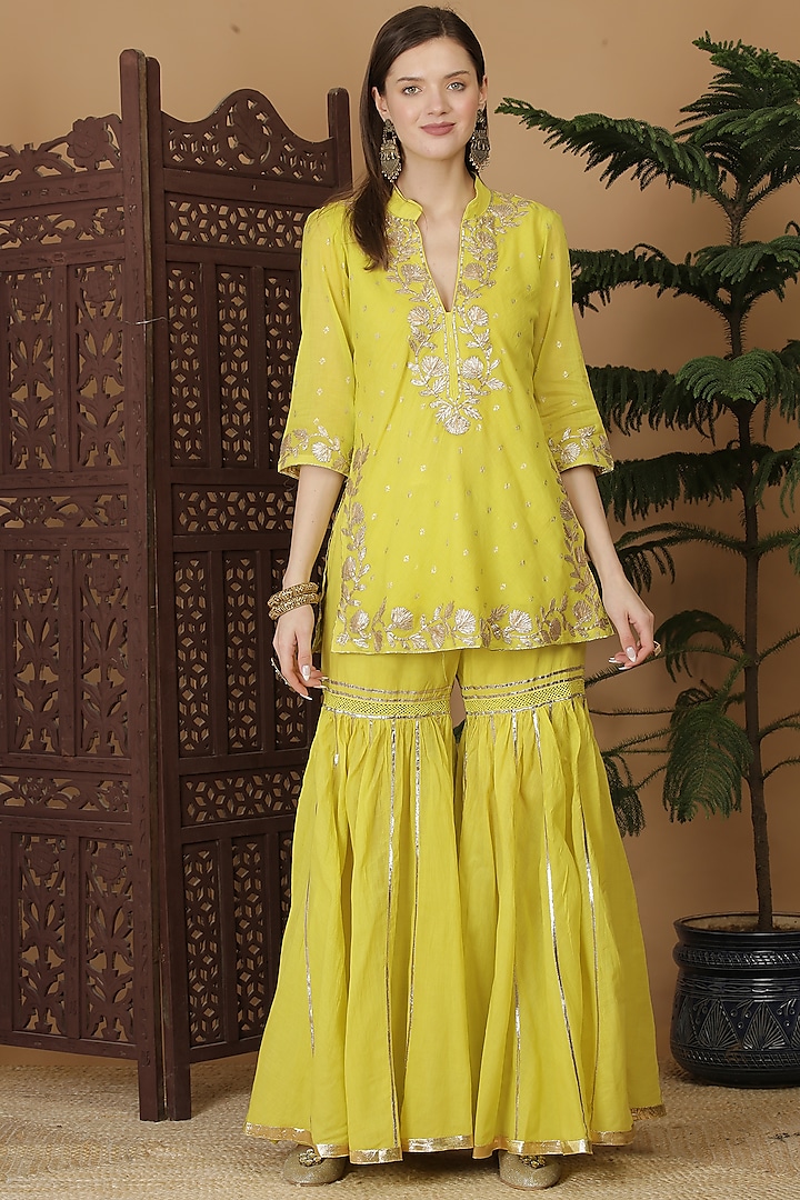 Lime Cotton Voile Gharara Set by Nazar By Indu