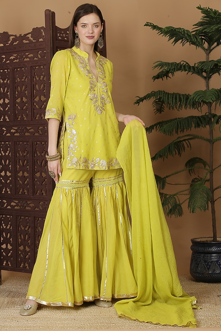 Lime Cotton Voile Gharara Set by Nazar By Indu at Pernia's Pop Up Shop