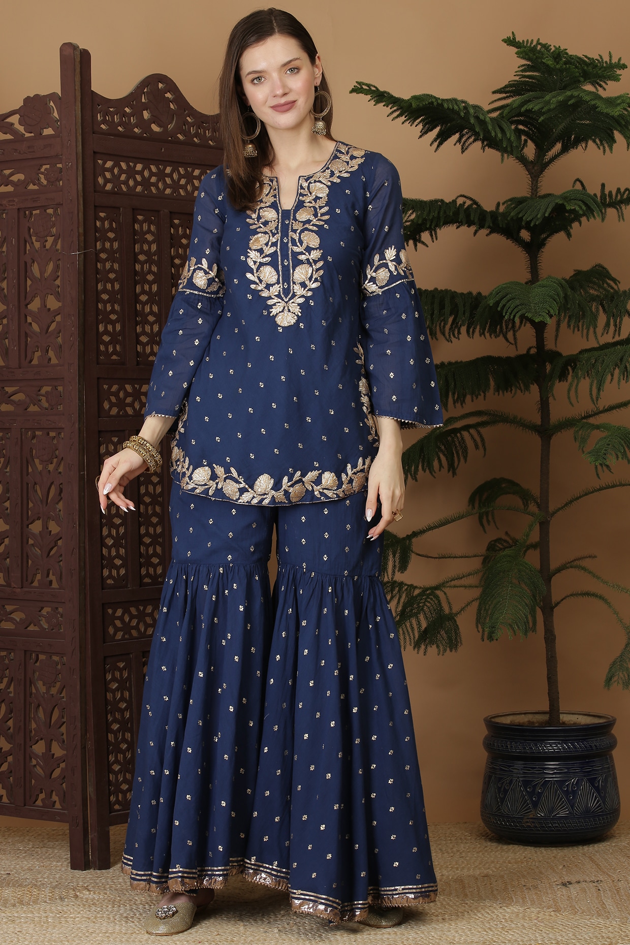 Nazar by Indu Electric Blue Cotton Voile Gharara Set at Pernia's Pop Up Shop Online