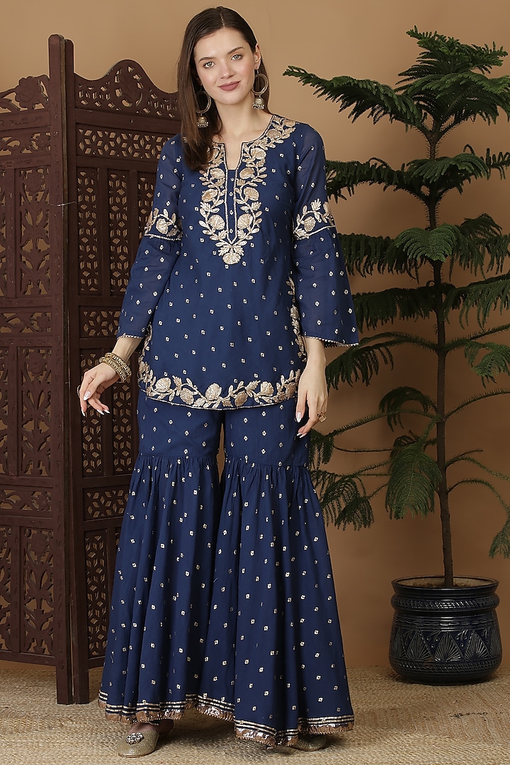 Electric Blue Cotton Voile Gharara Set by Nazar By Indu