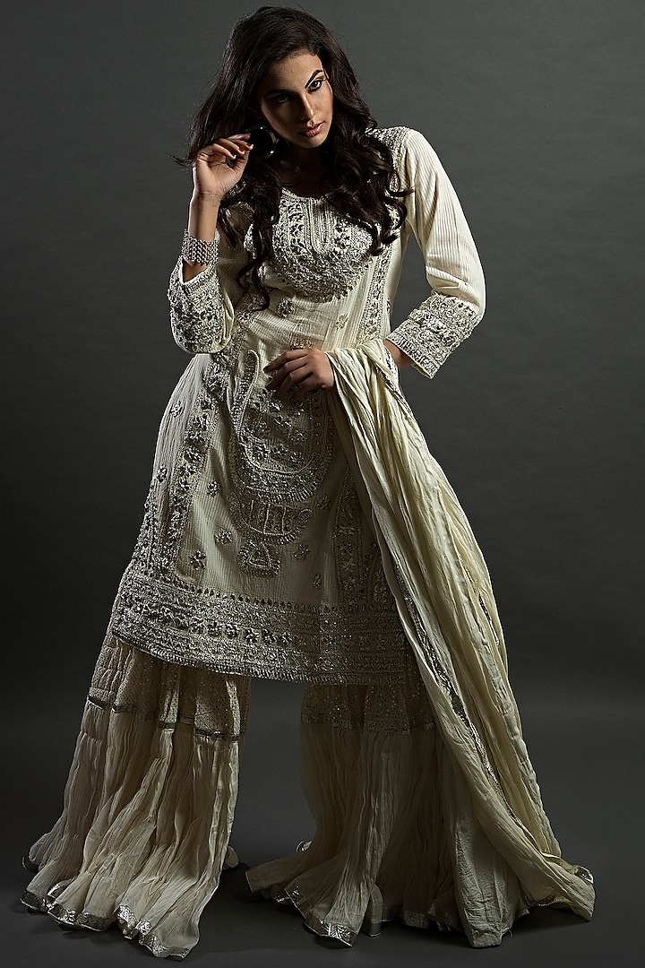 Ivory Cotton Voile Gharara Set by Nazar By Indu