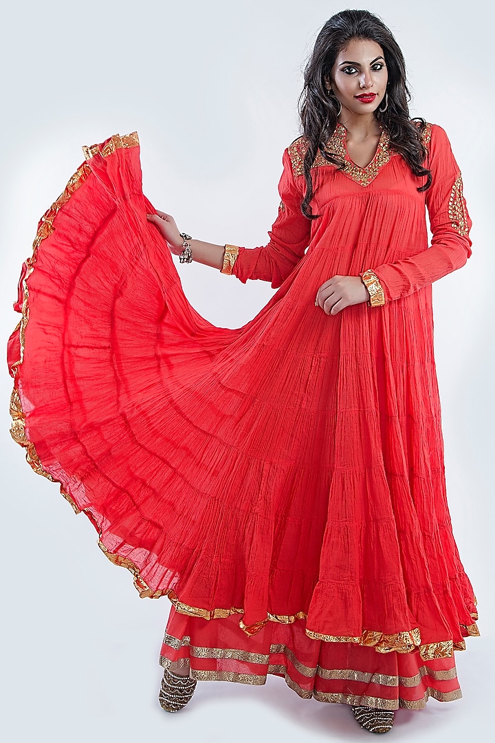 Red Gota-Embroidered Anarkali Set by Nazar By Indu