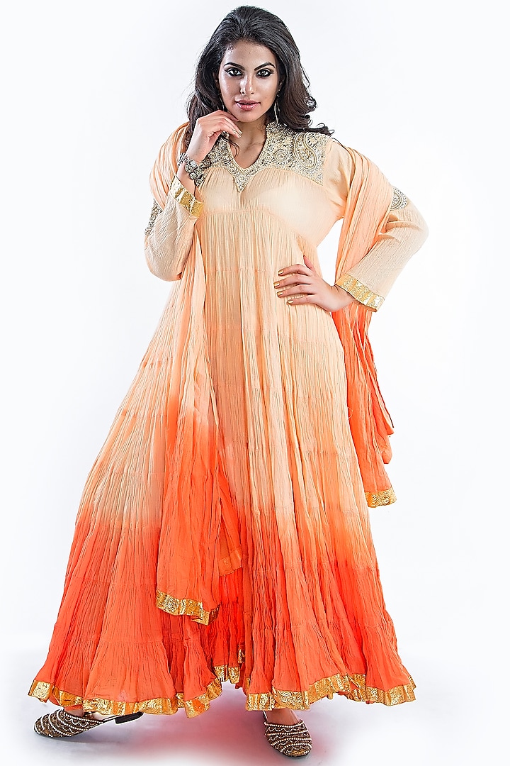 Peach Kundan-Embroidered Anarkali Set by Nazar By Indu at Pernia's Pop Up Shop