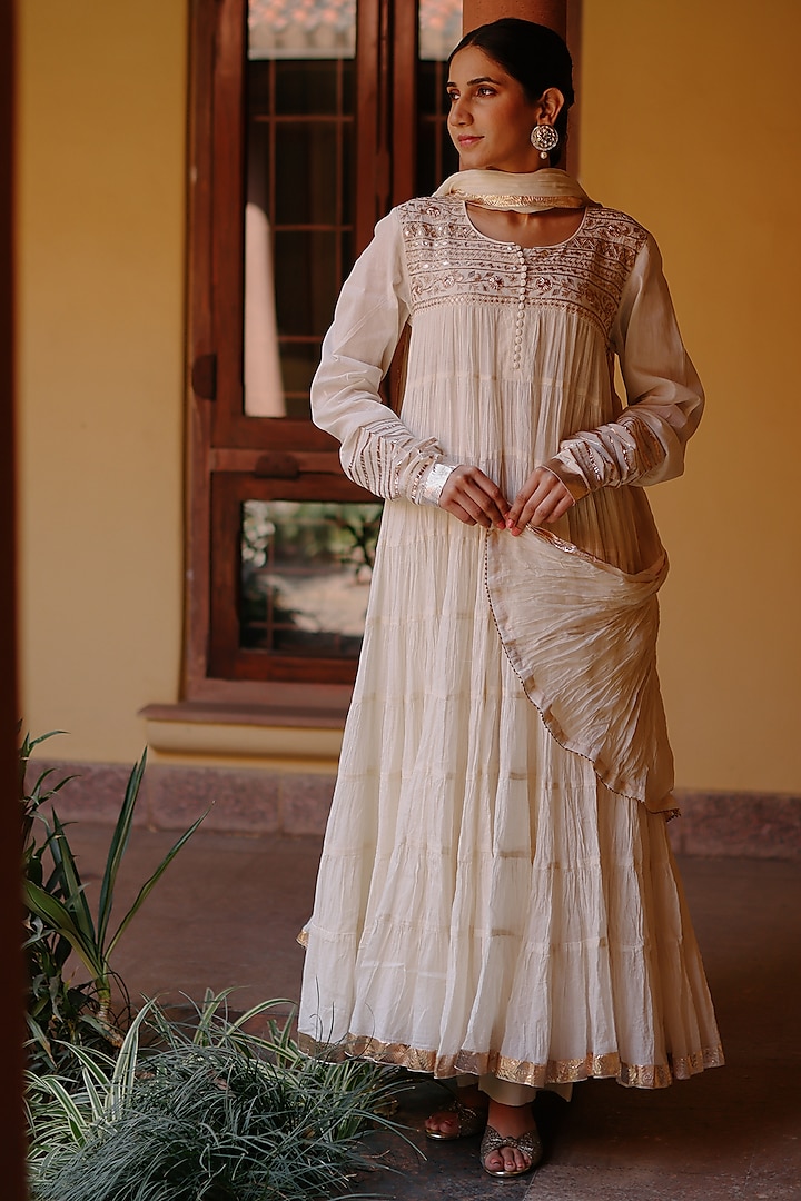 Ivory Cotton Gota Embroidered Anarkali Set by Nazar By Indu at Pernia's Pop Up Shop