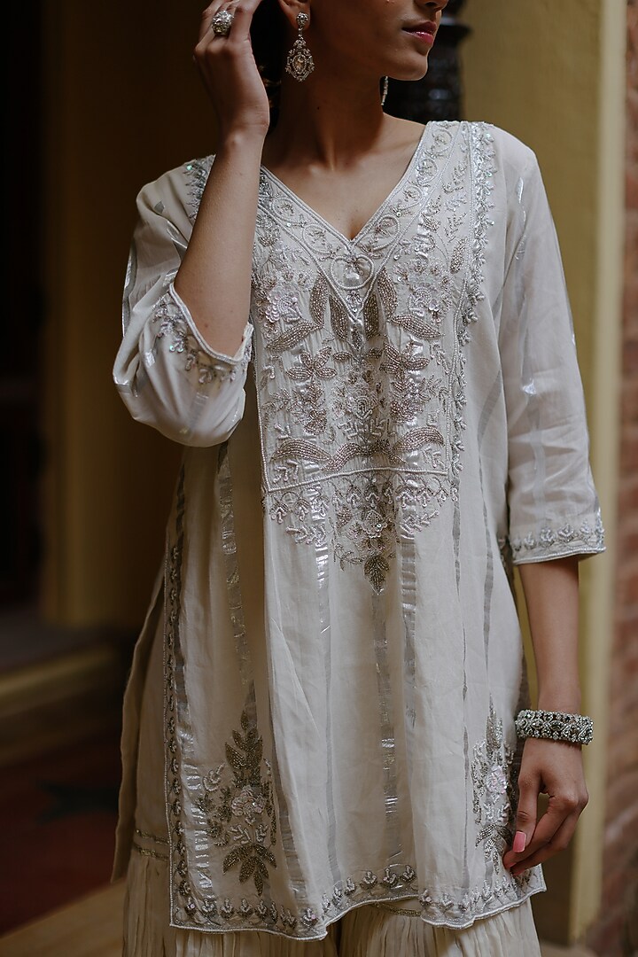 White Cotton Crushed Gharara Set by Nazar By Indu at Pernia's Pop Up Shop
