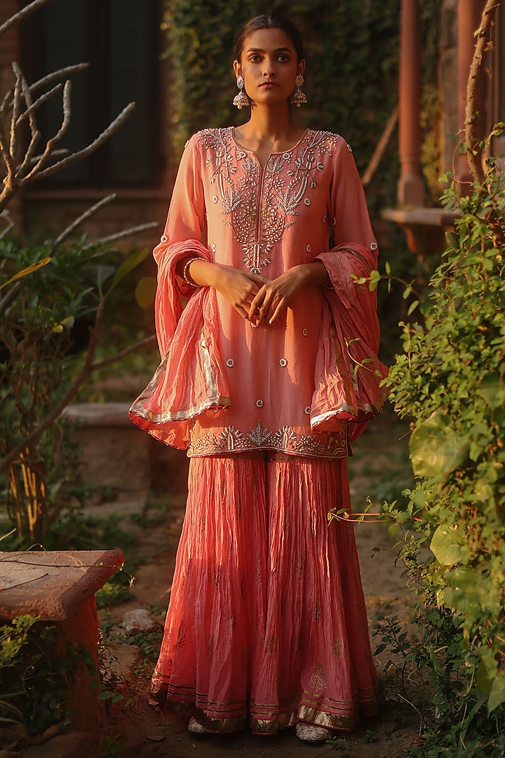 Coral Cotton Bead Embroidered Kurta Set by Nazar By Indu