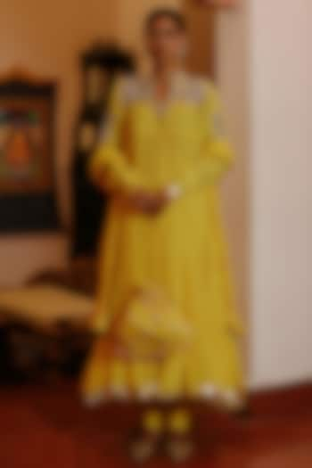 Yellow Cotton Dabka Embroidered Frilled Anarkali Set by Nazar By Indu at Pernia's Pop Up Shop