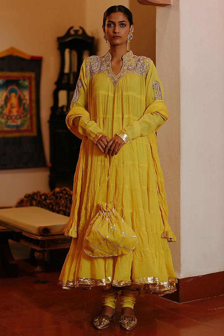 Yellow Cotton Dabka Embroidered Frilled Anarkali Set by Nazar By Indu at Pernia's Pop Up Shop