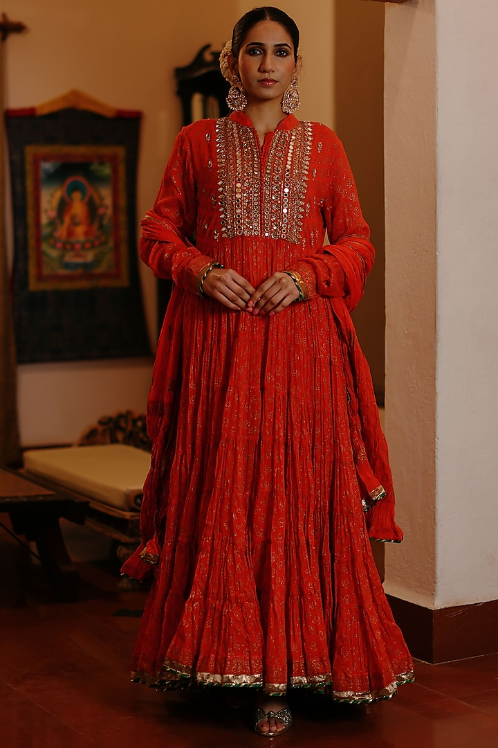 Bright Orange Cotton Dabka Embroidered Frilled Anarkali Set by Nazar By Indu at Pernia's Pop Up Shop